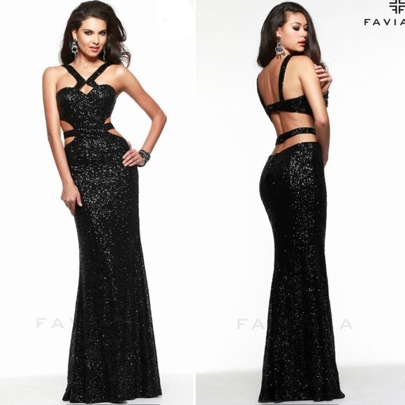 Faviana 7509 Black Sequin Strappy Formal Gown Dress Mob Wife $400 10 - Picture 1 of 10